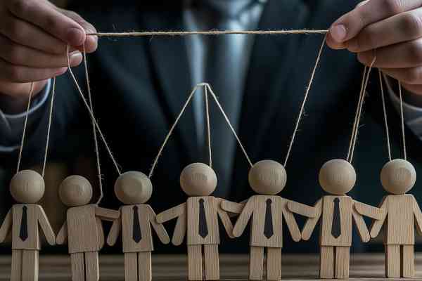 Puppenspieler im Anzug mit Holzpuppen