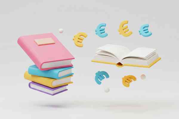 Stapel bunter Bücher und ein offenes Buch mit Euro-Symbolen, die auf einem weißen Hintergrund schweben